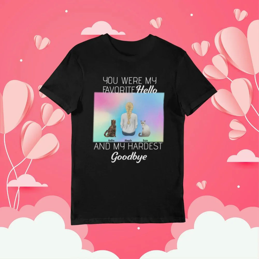 Personalizowany t-shirt z napisem 'You Were My Favorite Hello' i imionami kotów, idealny prezent dla miłośnika zwierząt