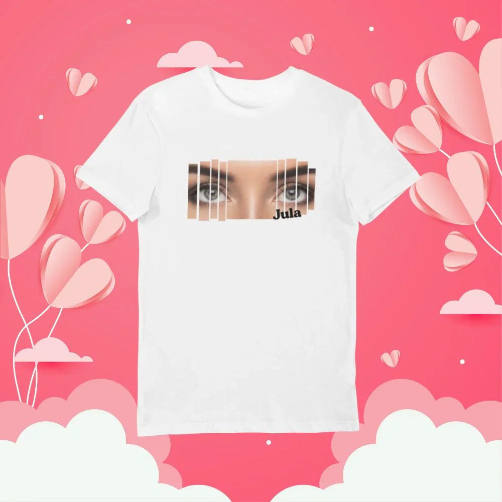 Personalizowany t-shirt z imieniem Jula i grafiką oczu na różowym tle z sercami i balonami
