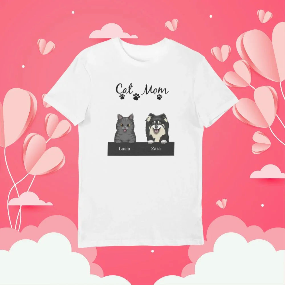Personalizowany t-shirt Cat Mom z imionami Lusia i Zara, idealny prezent dla miłośniczki kotów i psów