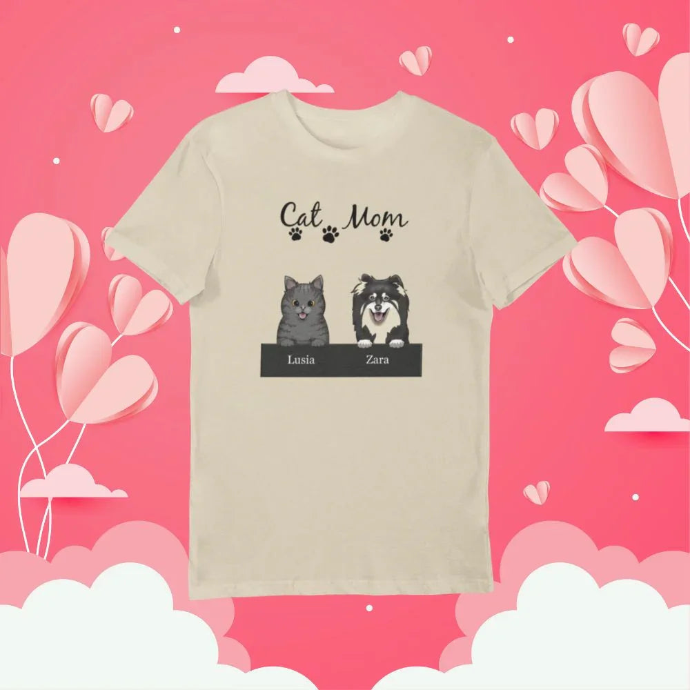 Personalizowany t-shirt Cat Mom z imionami Lusia i Zara, idealny prezent dla miłośniczki kotów i psów