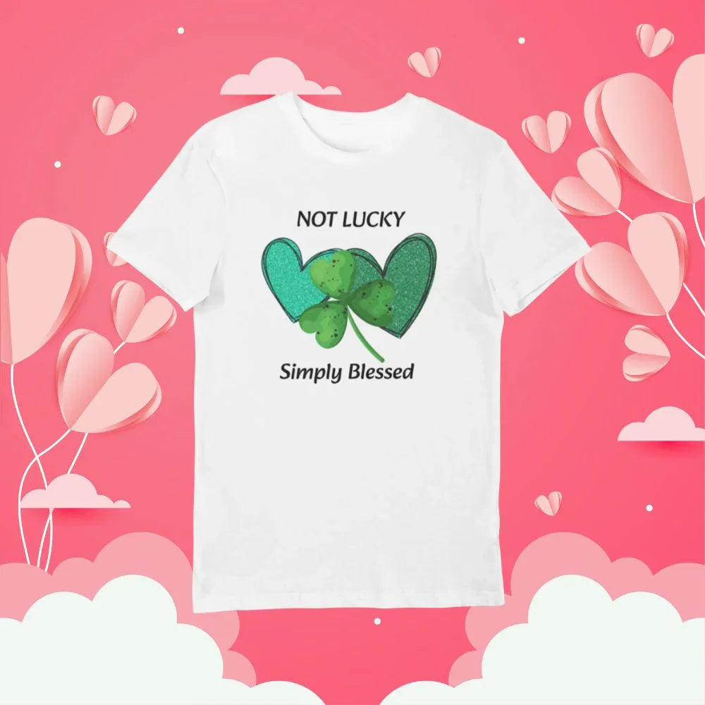 Biała koszulka z napisem 'NOT LUCKY Simply Blessed' i zielonym koniczyną w sercu, idealny prezent personalizowany