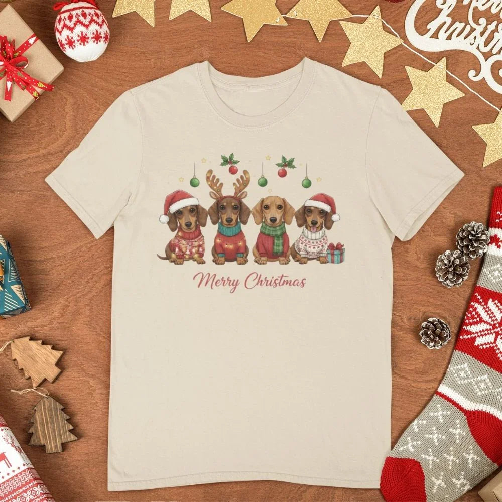 Personalizowany t-shirt świąteczny z uroczymi psami dachshund w czapkach i swetrach, idealny prezent na Boże Narodzenie