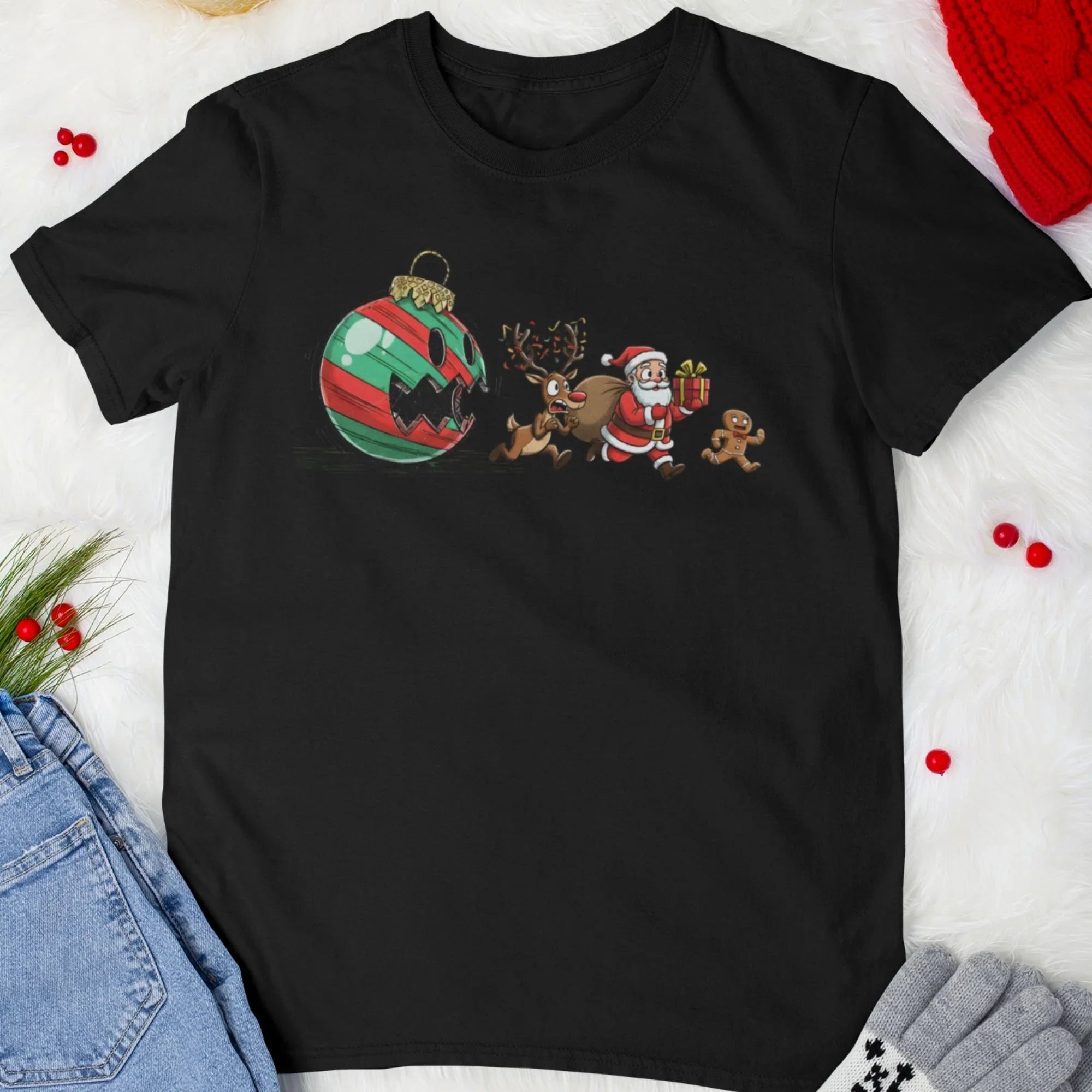 Czarny t-shirt świąteczny z Mikołajem, reniferem i choinkową bombką – idealny prezent na Boże Narodzenie