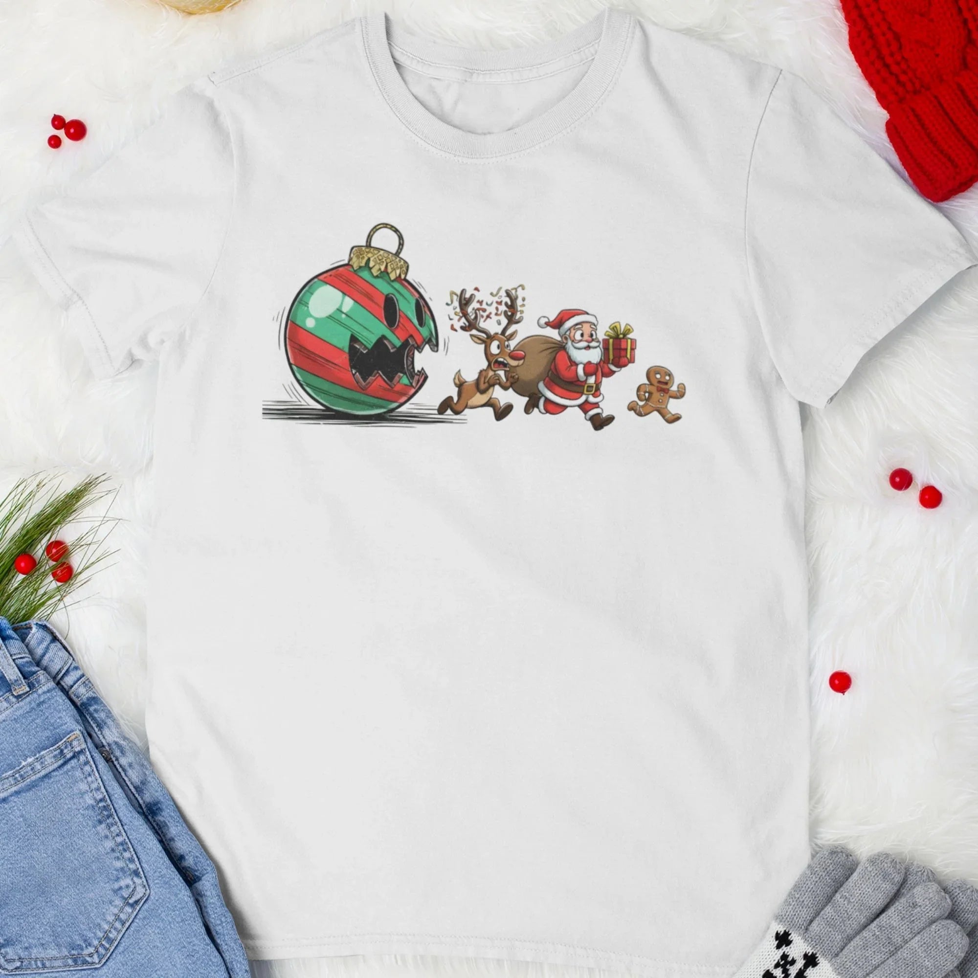 Biały t-shirt świąteczny z Mikołajem, reniferem i choinkową bombką – idealny prezent na Boże Narodzenie
