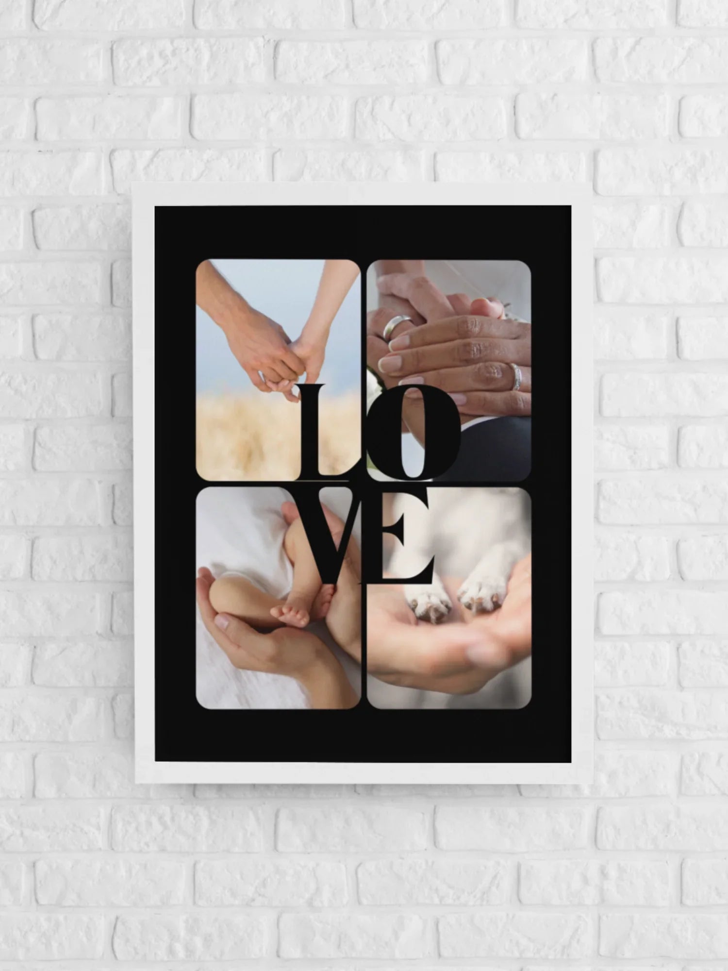 Personalizowany plakat z napisem LOVE i zdjęciami rąk, dziecka i psa na białej ścianie