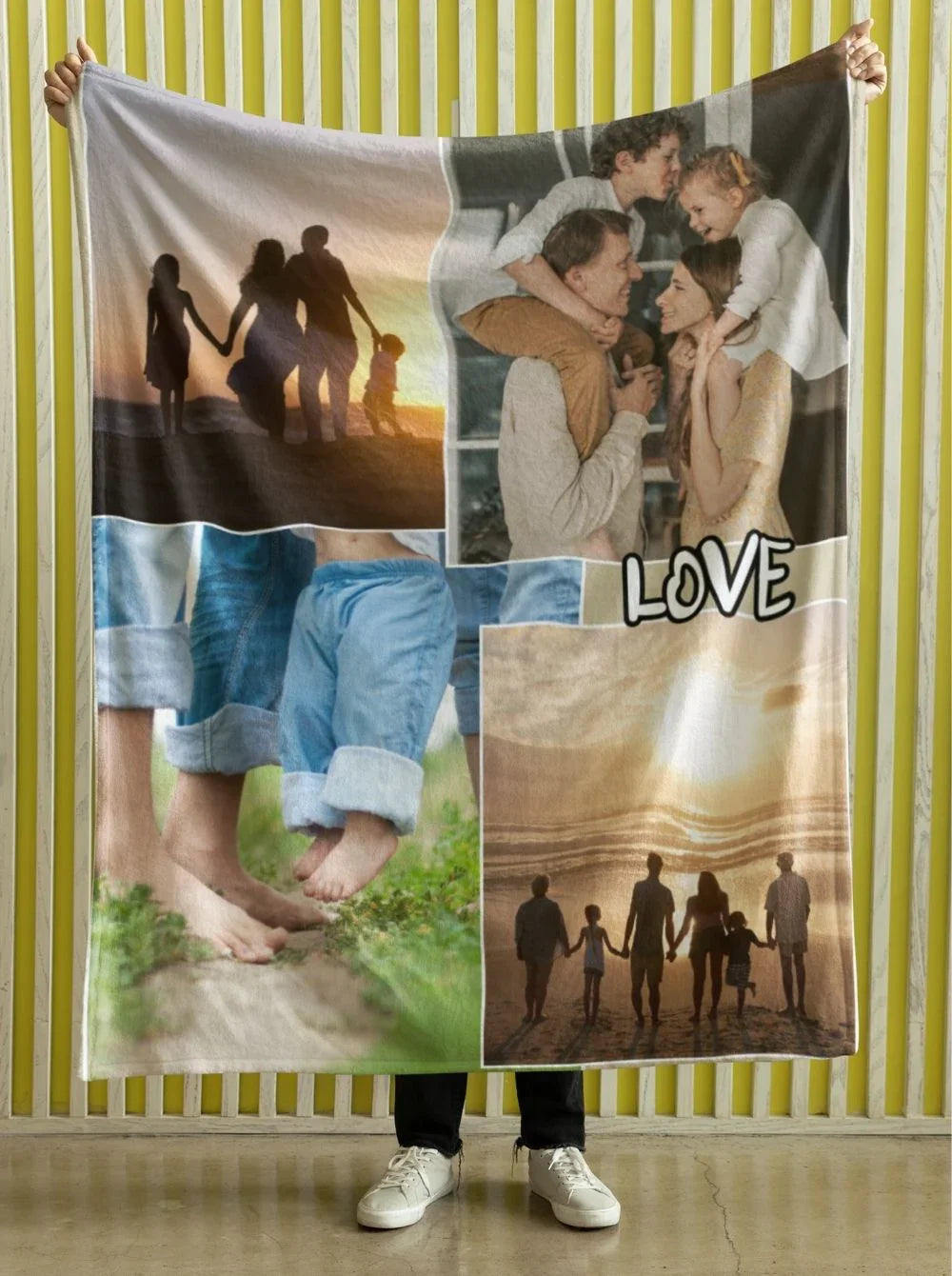 Personalizowana koc z rodzinnych zdjęć i napisem LOVE, idealny prezent dla bliskich