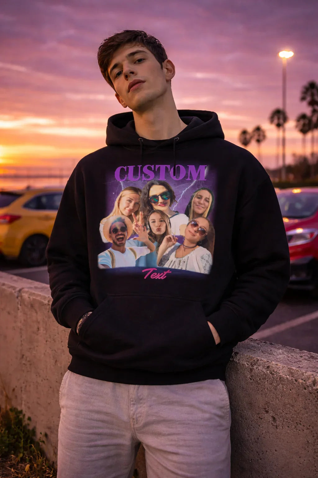 Personalizowany sweter z nadrukiem zdjęć grupy przyjaciół na zachodzie słońca – idealny prezent na każdą okazję
