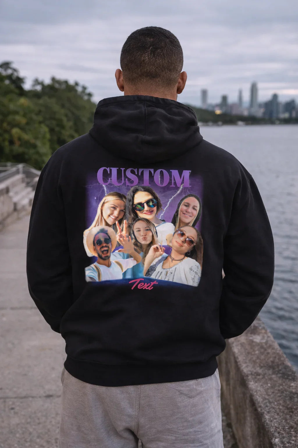 Personalizowany czarny sweter z nadrukiem zdjęć i tekstu, idealny prezent dla bliskich