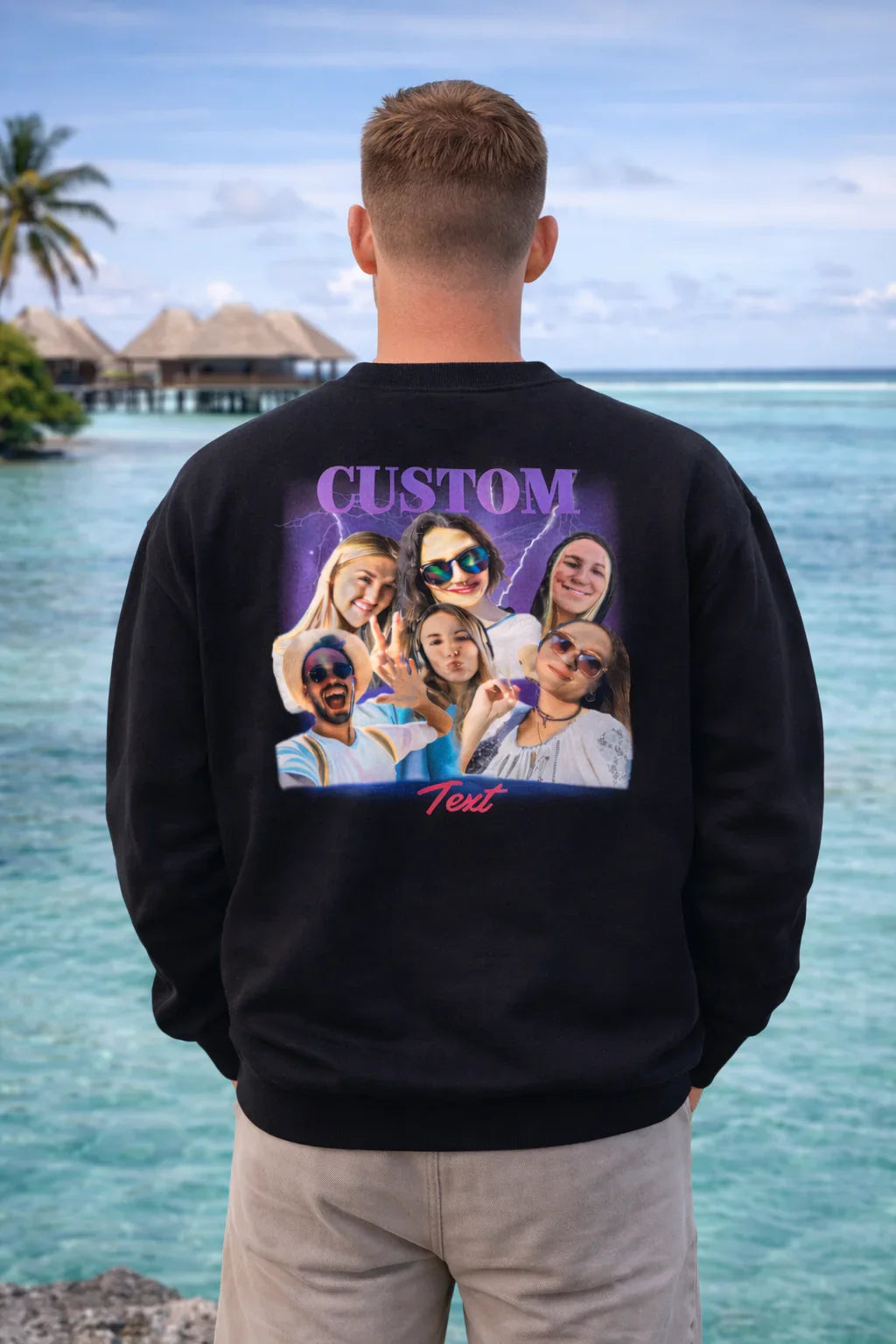 Czarna bluza z personalizowanym nadrukiem zdjęć grupy przyjaciół i napisem CUSTOM, idealny prezent na każdą okazję.