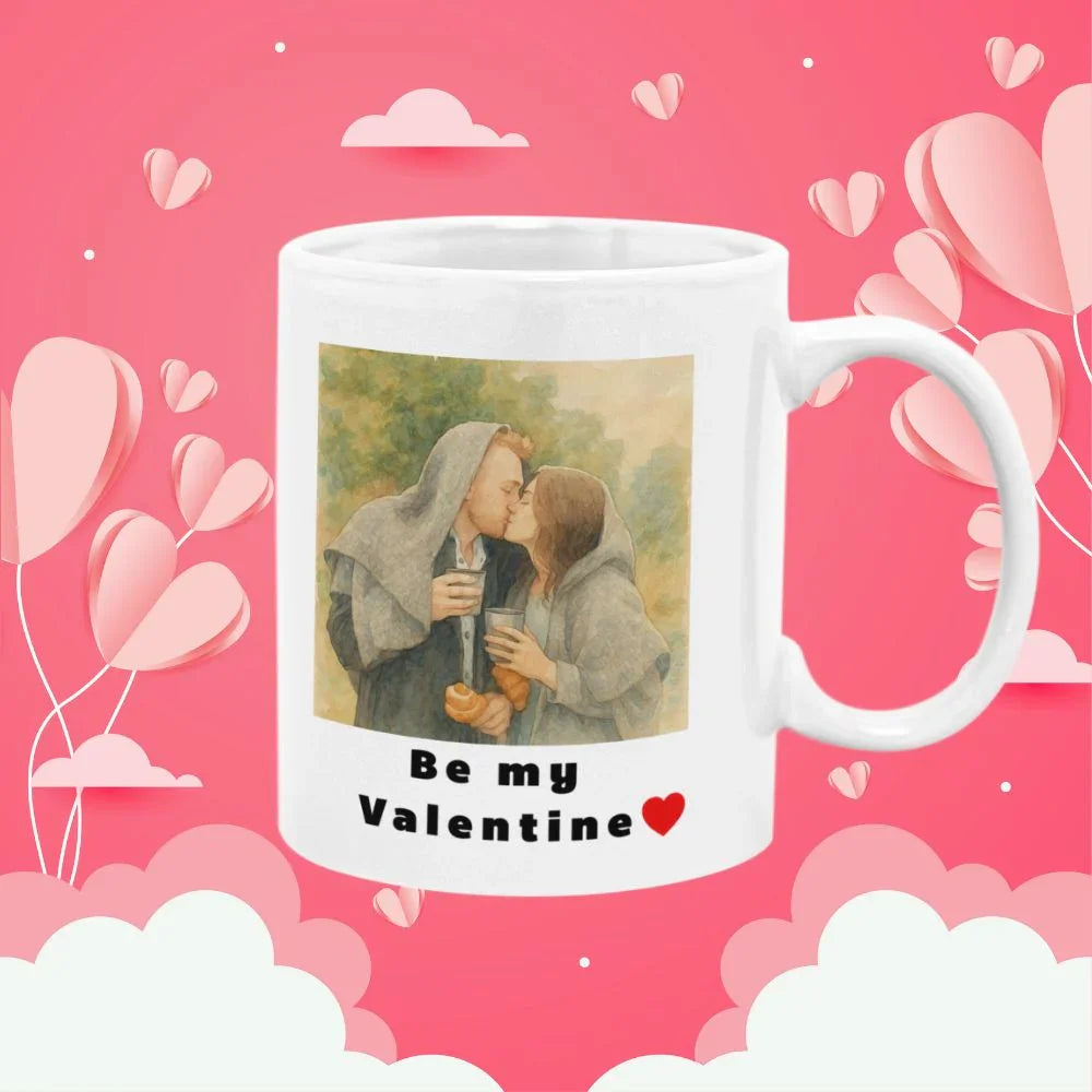 Personalizowany kubek z napisem 'Be my Valentine' i romantycznym zdjęciem pary, idealny prezent na Walentynki