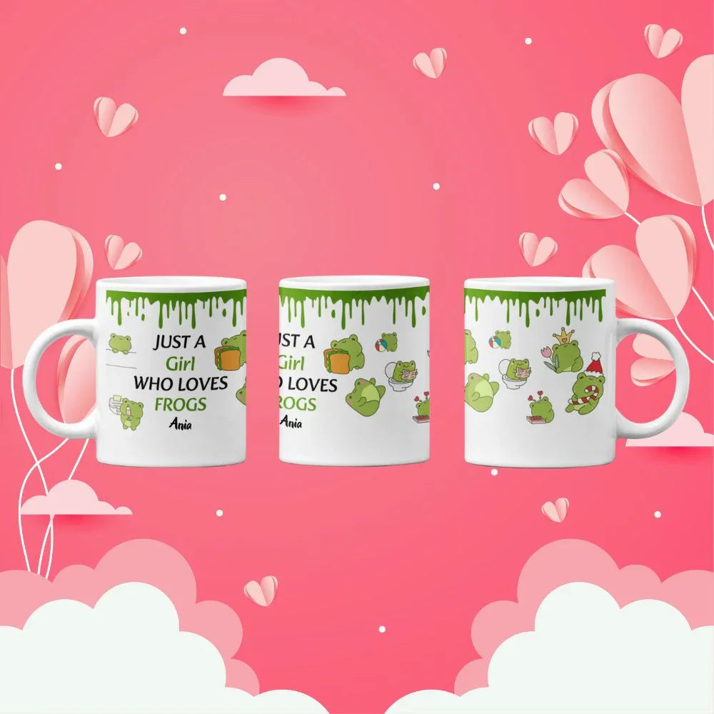 Personalizowana filiżanka z żabkami i napisem 'Just a Girl Who Loves Frogs Ania' na różowym tle z serduszkami