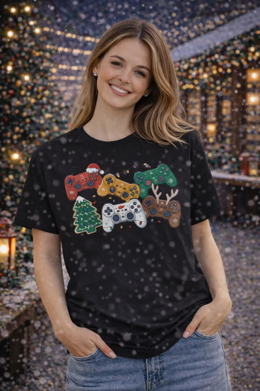 Czarny t-shirt z bożonarodzeniowymi kontrolerami gier, idealny prezent dla gracza