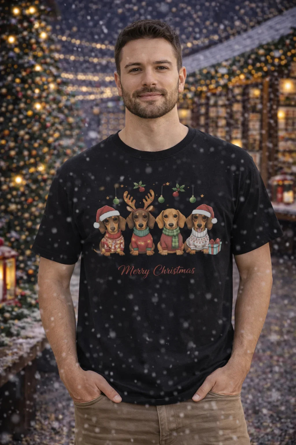 Czarny t-shirt świąteczny z uroczymi psami dachshund w swetrach i czapkach, idealny prezent na Boże Narodzenie