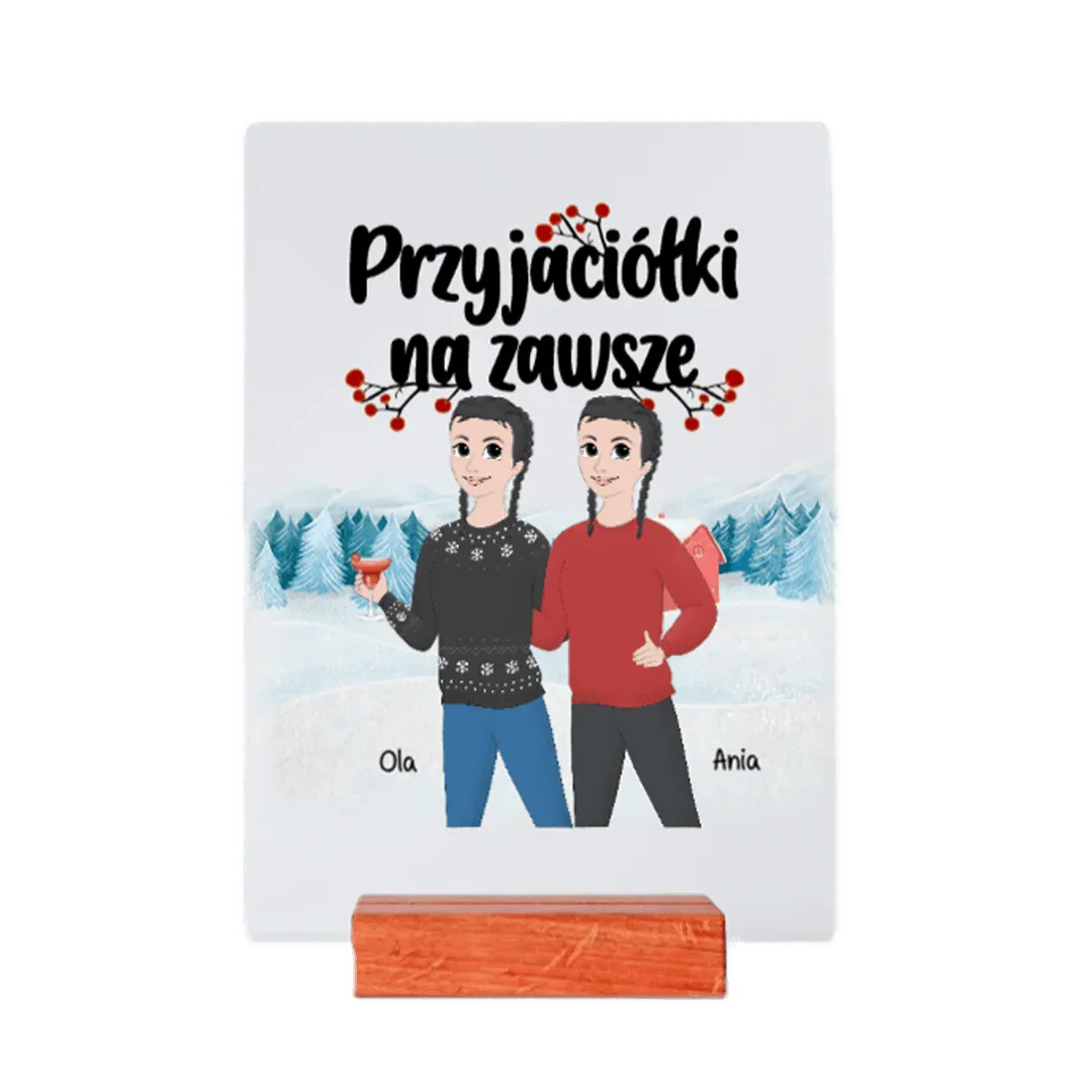 Personalizowany prezent z ilustracją przyjaciółek Oli i Ani na zimowym tle, idealny na okazję
