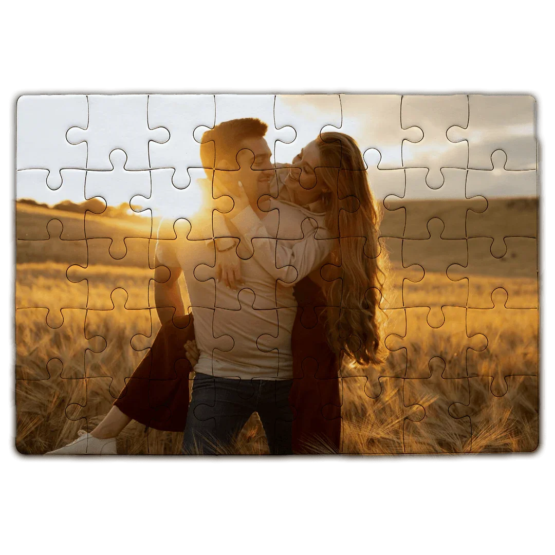 Personalizowany puzzle z zdjęciem pary w polu pszenicy na zachód słońca, idealny prezent dla bliskich
