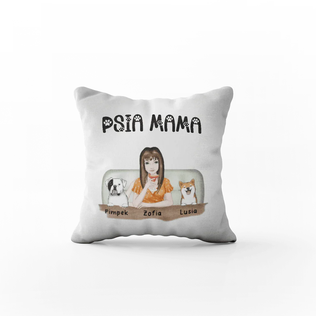 Personalizowana poduszka 'Psia Mama' z ilustracją kobiety i psów – idealny prezent dla miłośnika zwierząt