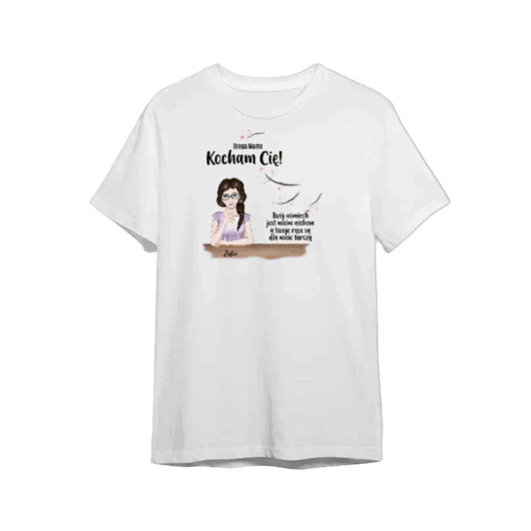 Personalizowany t-shirt z ilustracją córki i napisem „Kocham Cię!” – idealny prezent dla mamy