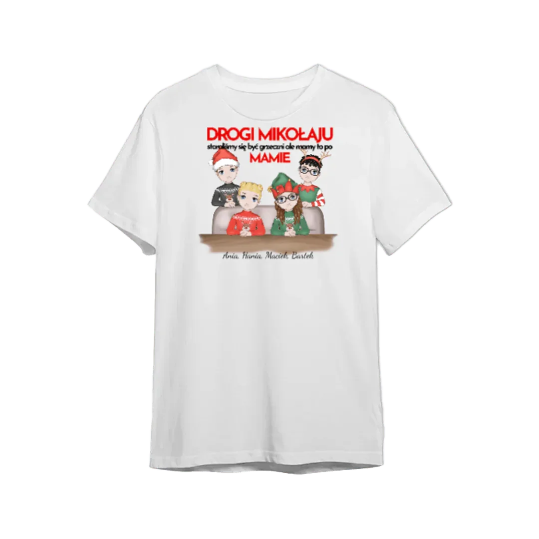 Personalizowany t-shirt świąteczny z rodziną i napisem 'Drogi Mikołaju' – idealny prezent na Boże Narodzenie