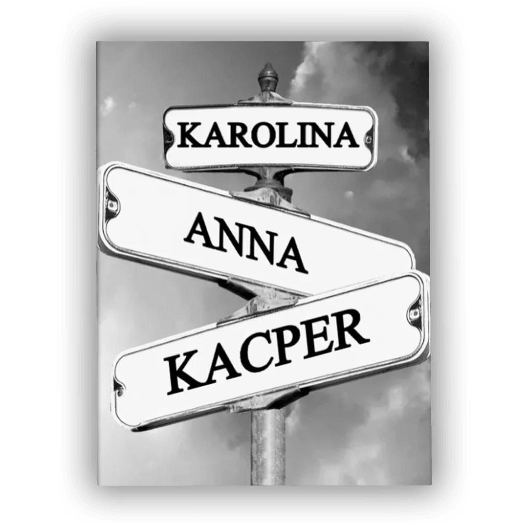 Personalizowany prezent z nazwiskami Karolina, Anna, Kacper na tablicach ulicznych