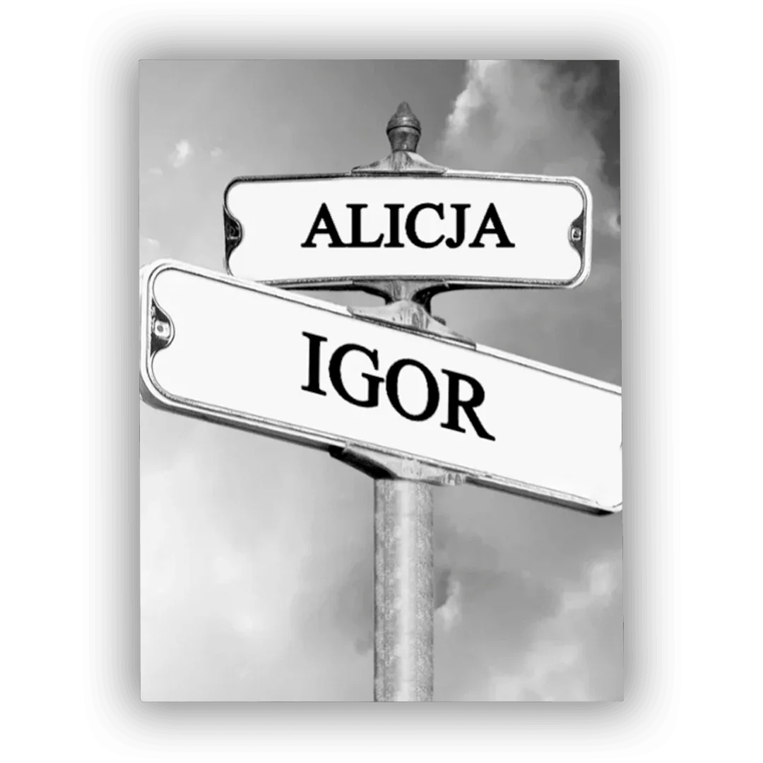 Personalizowany znak uliczny z imionami Alicja i Igor, idealny prezent na każdą okazję