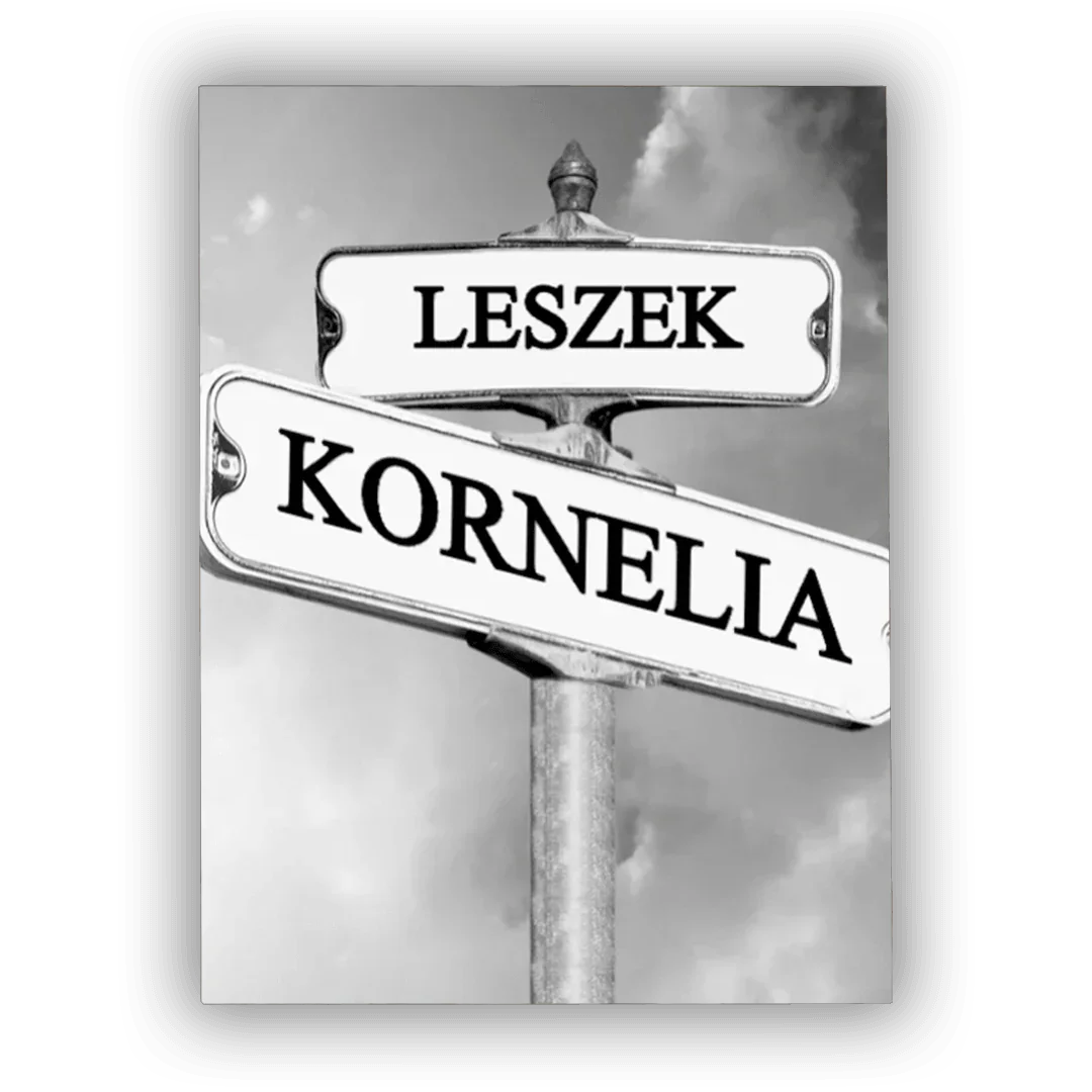 Personalizowany znak uliczny z imionami Leszek i Kornelia, idealny prezent na każdą okazję