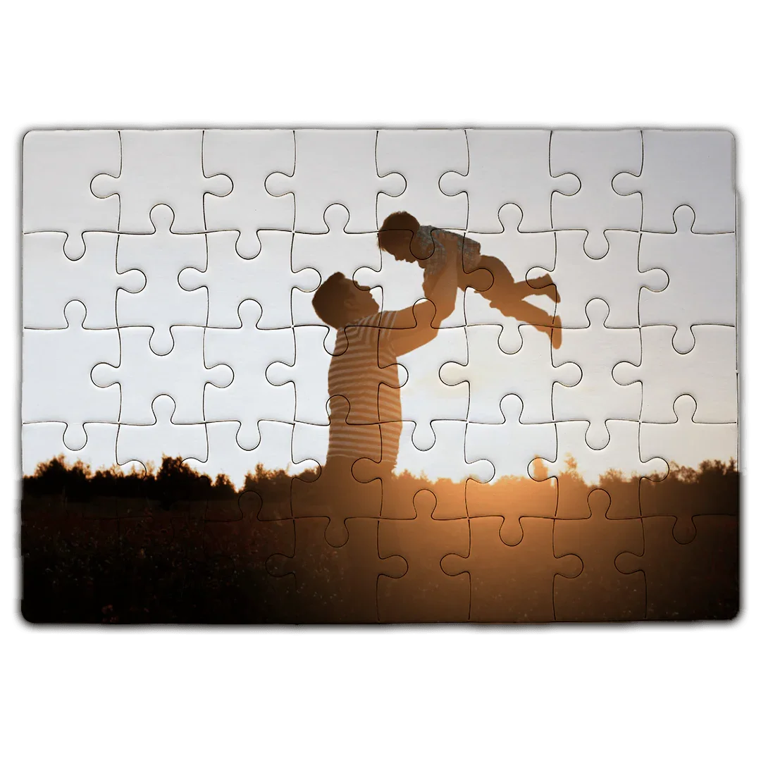 Personalizowany puzzle z sylwetką ojca i dziecka na zachodzie słońca, idealny prezent dla bliskich