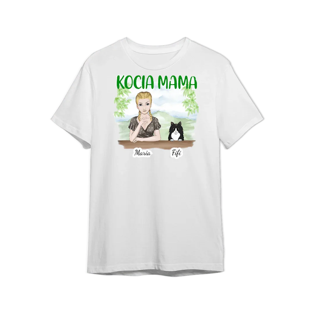 Biała koszulka z nadrukiem 'KOCIA MAMA', ilustracją kobiety i kota oraz imionami Maria i Fifi – idealny prezent personalizowany.