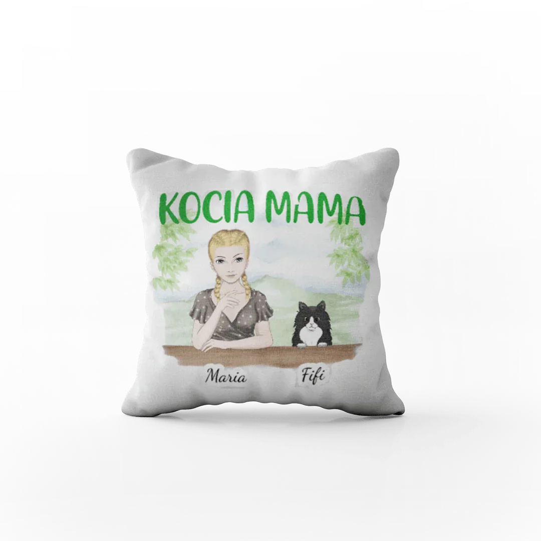 Personalizowana poduszka 'KOCIA MAMA' z imionami Maria i Fifi, idealny prezent dla miłośniczki kotów