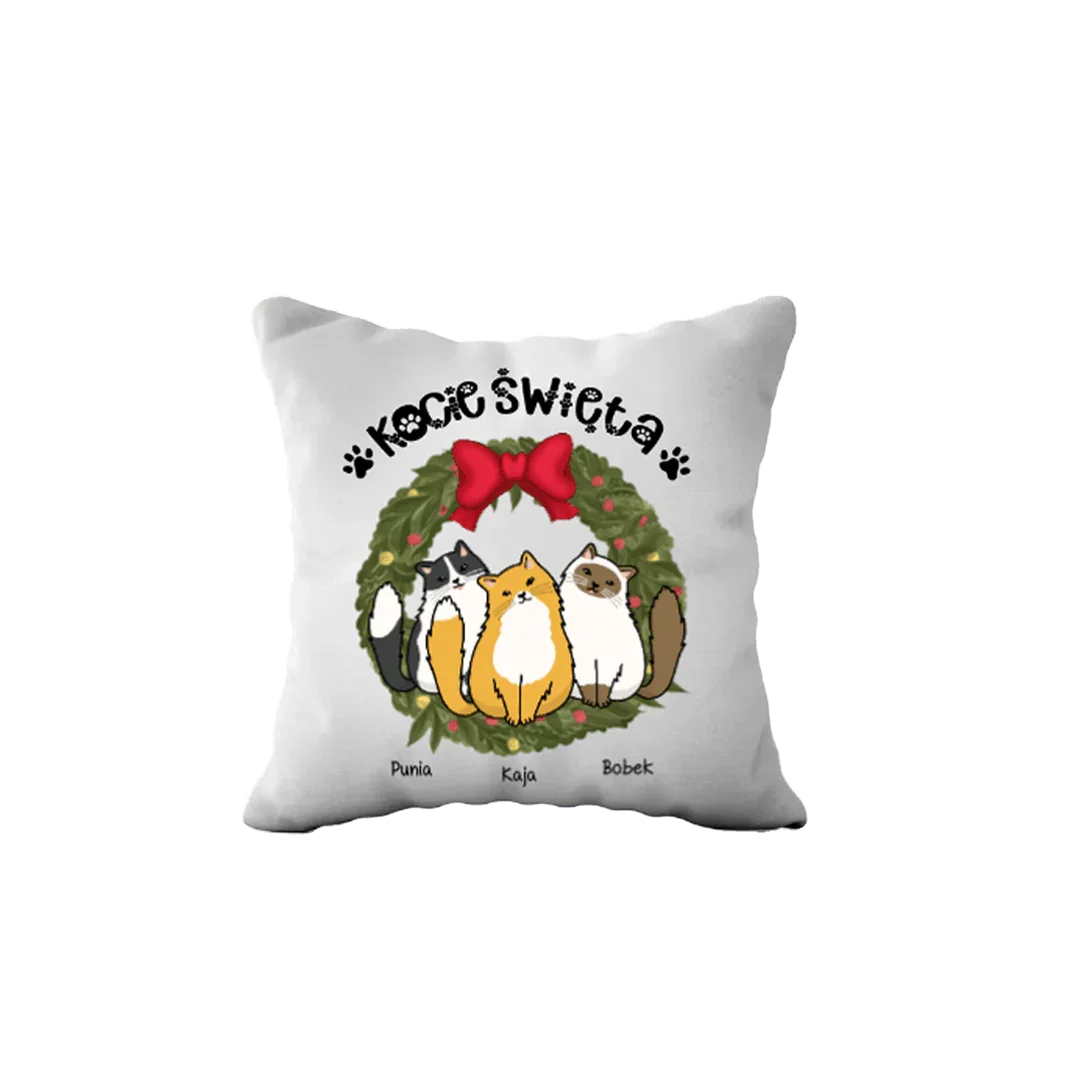 Personalizowana poduszka z kotami i wiankiem świątecznym, idealny prezent dla miłośników kotów