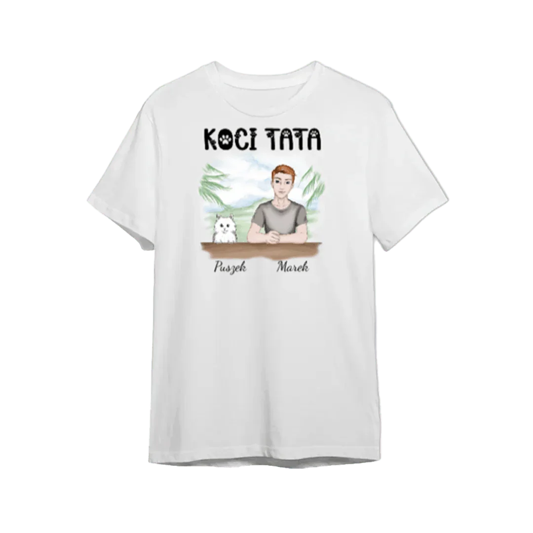 Personalizowany t-shirt 'Koci Tata' z imionami Puszek i Marek, idealny prezent dla miłośnika kotów