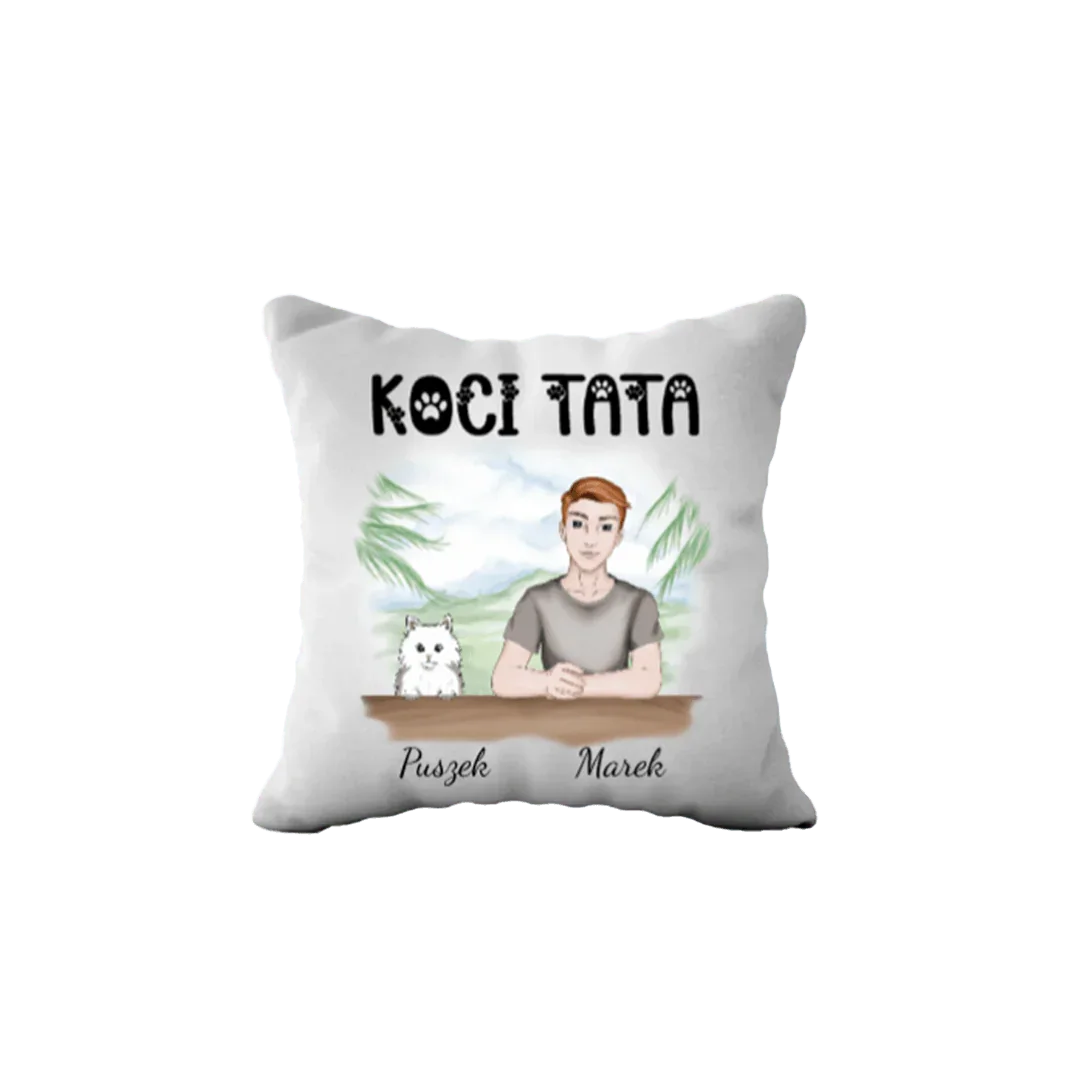 Personalizowana poduszka 'Koci Tata' z imionami Puszek i Marek, idealny prezent dla miłośnika kotów.