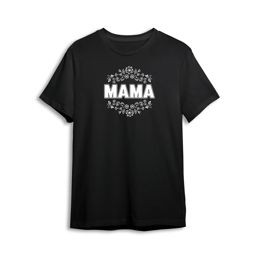 Czarny t-shirt z napisem MAMA i kwiatowym wzorem, idealny prezent dla mamy