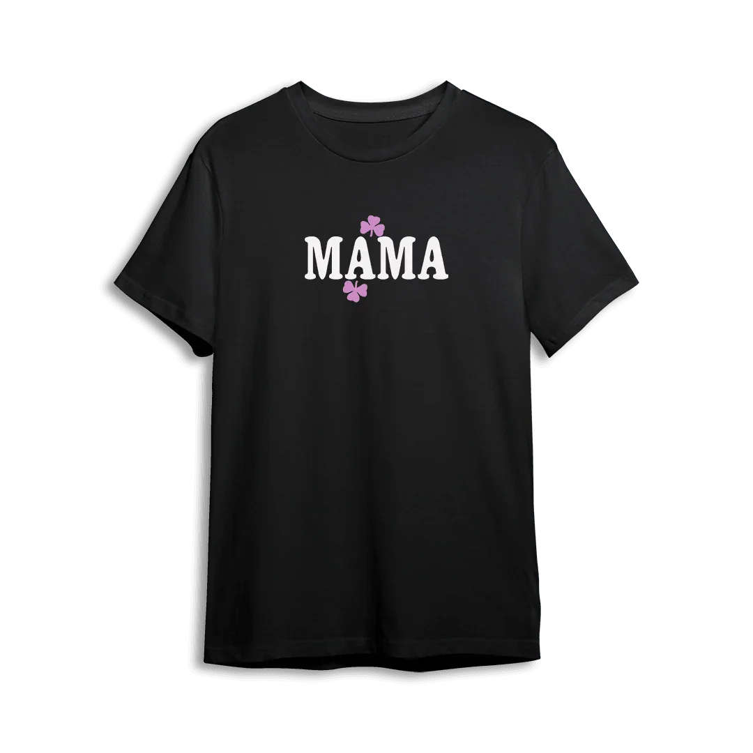Czarny t-shirt z napisem MAMA i fioletowymi kwiatkami, idealny prezent dla mamy