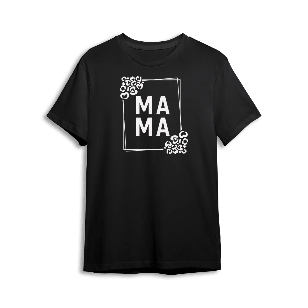 Czarny t-shirt z napisem MAMA w białej ramce z serduszkami, idealny prezent dla mamy