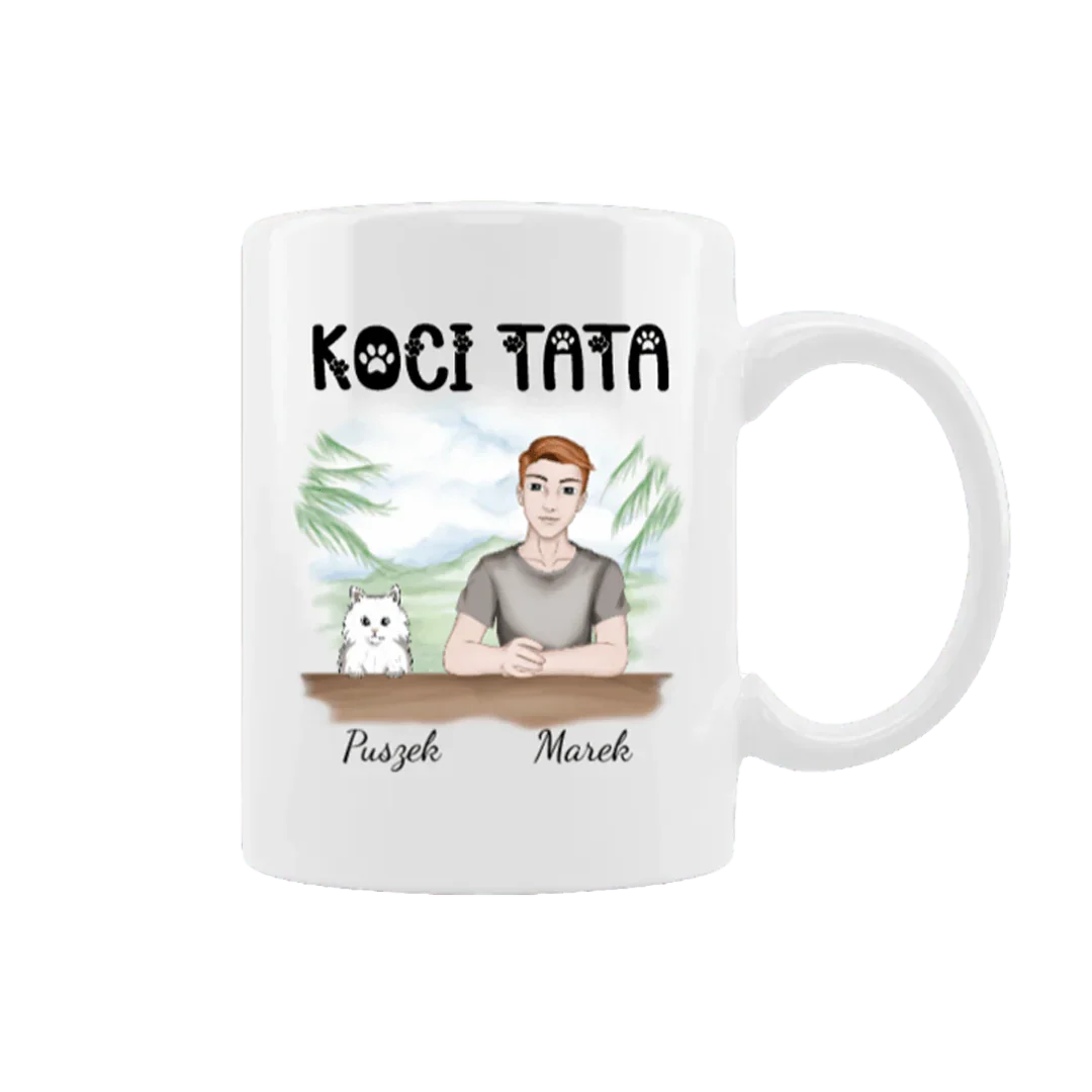 Personalizowana filiżanka z napisem Koci Tata, ilustracją mężczyzny i kota Puszka, idealny prezent dla miłośnika kotów
