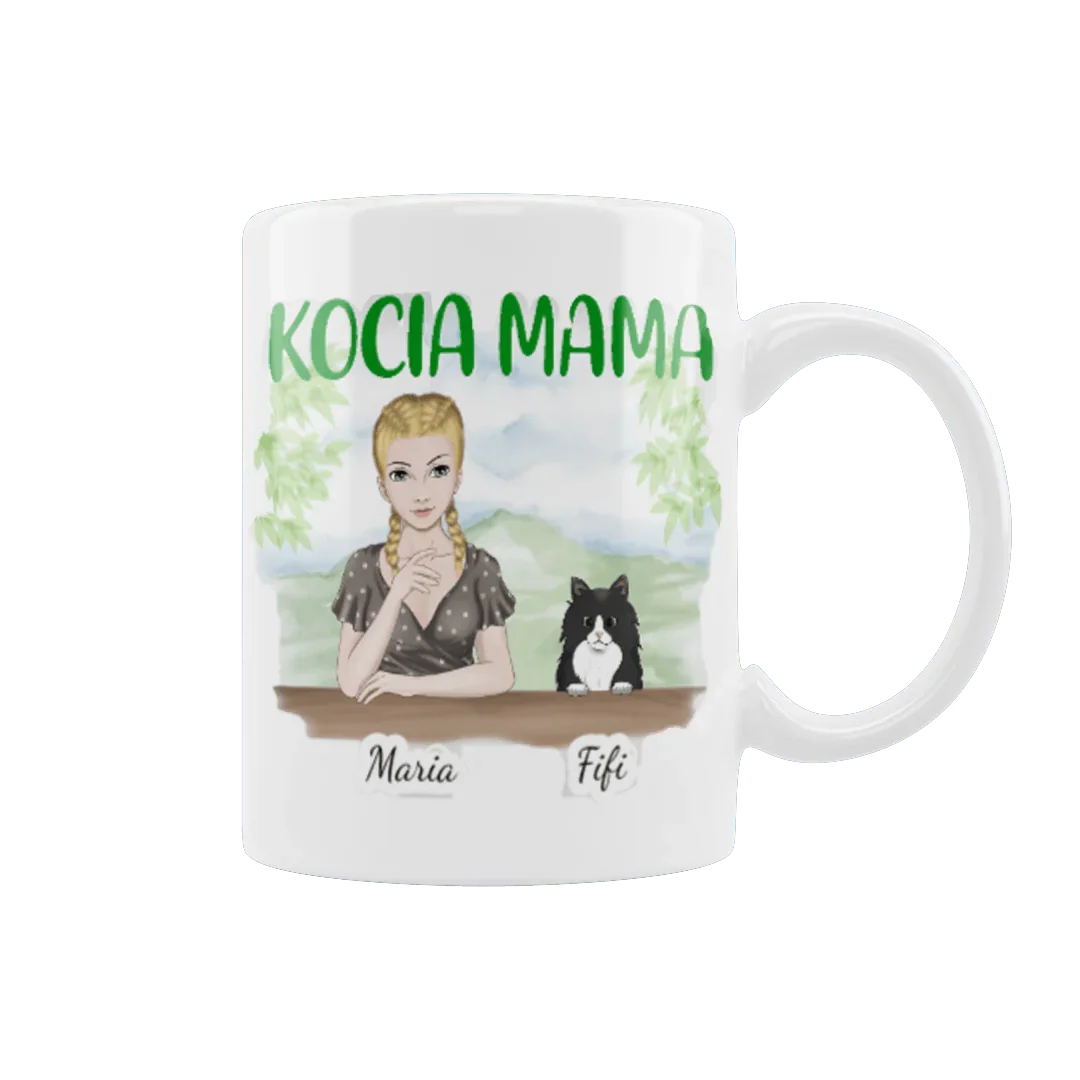 Personalizowana filiżanka z napisem KOCIA MAMA, ilustracją kobiety i kota oraz imionami Maria i Fifi