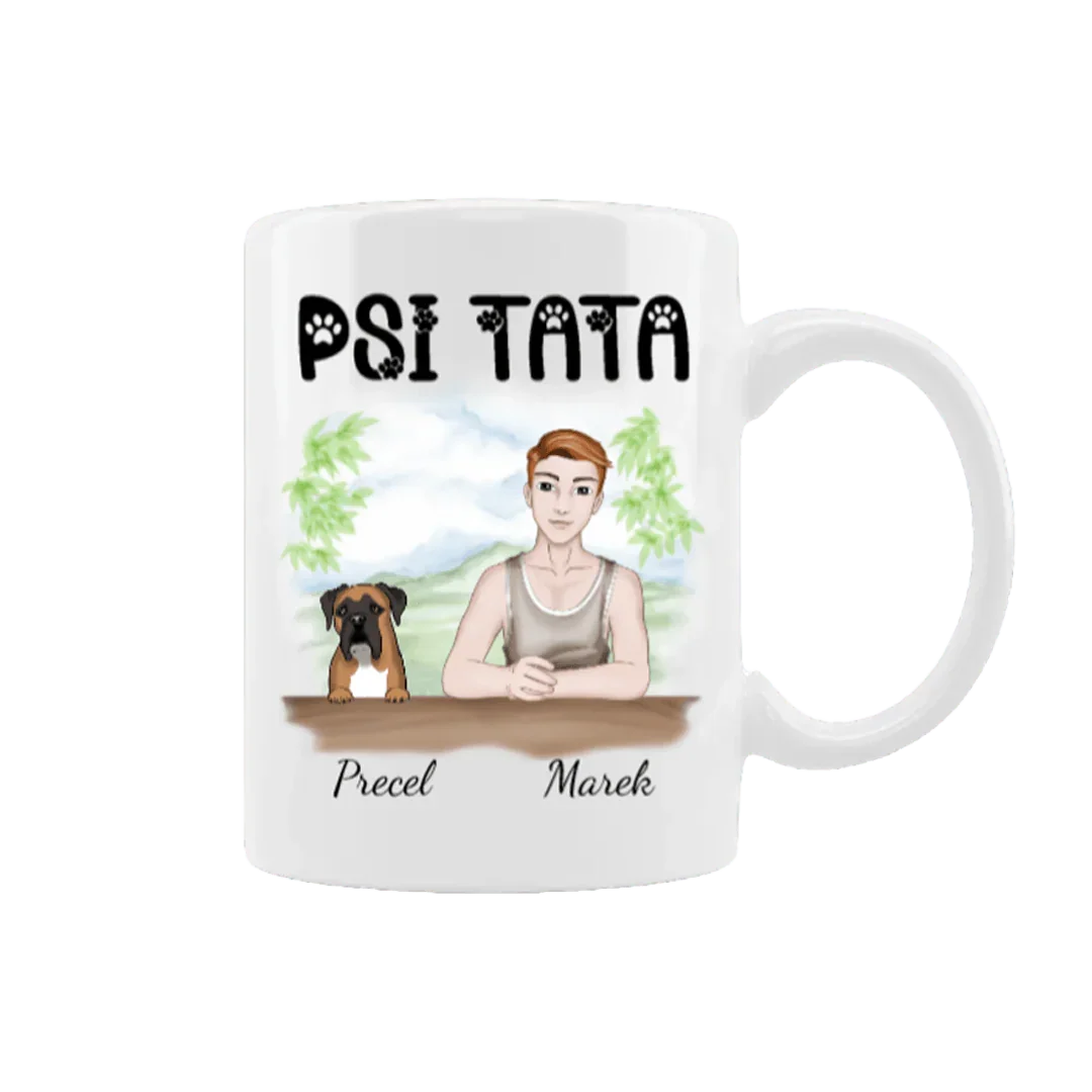 Personalizowana filiżanka 'Psi Tata' z imionami Precel i Marek, idealny prezent dla miłośnika psów