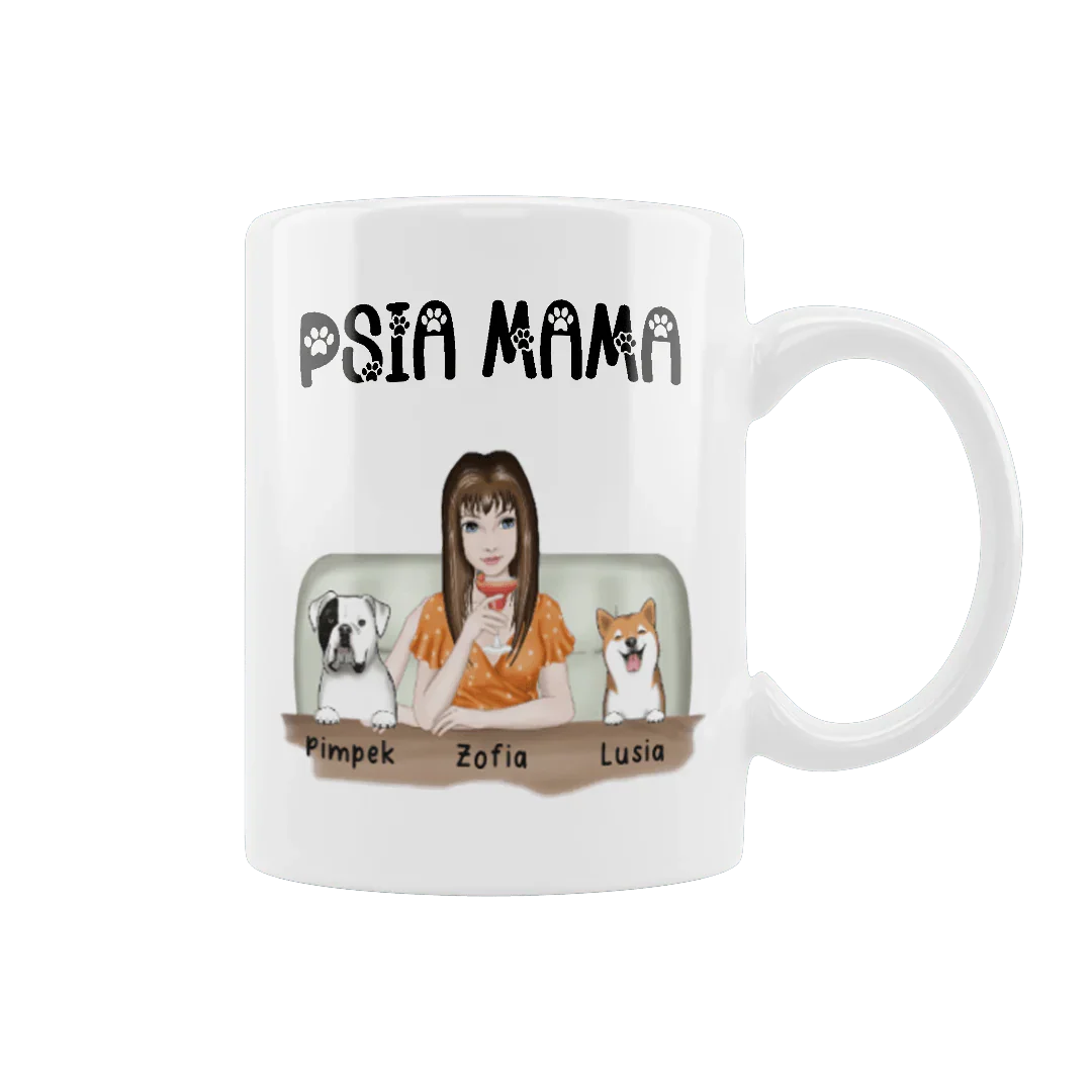 Personalizowana filiżanka 'Psia Mama' z imionami psów i kobietą na kanapie, idealny prezent dla miłośniczki zwierząt