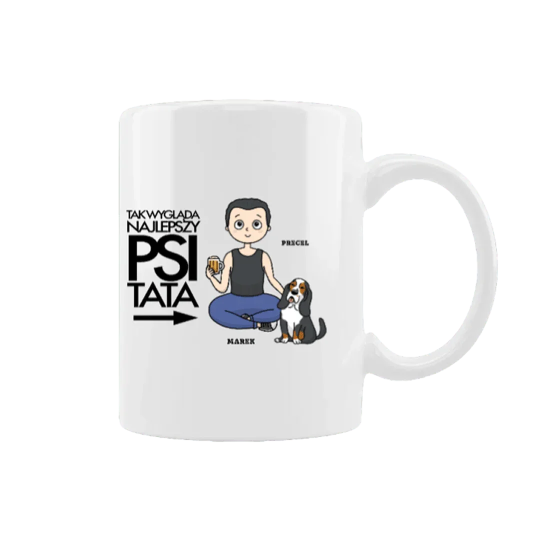Personalizowany kubek z napisem 'Tak wygląda najlepszy Psi Tata' i ilustracją mężczyzny z psem