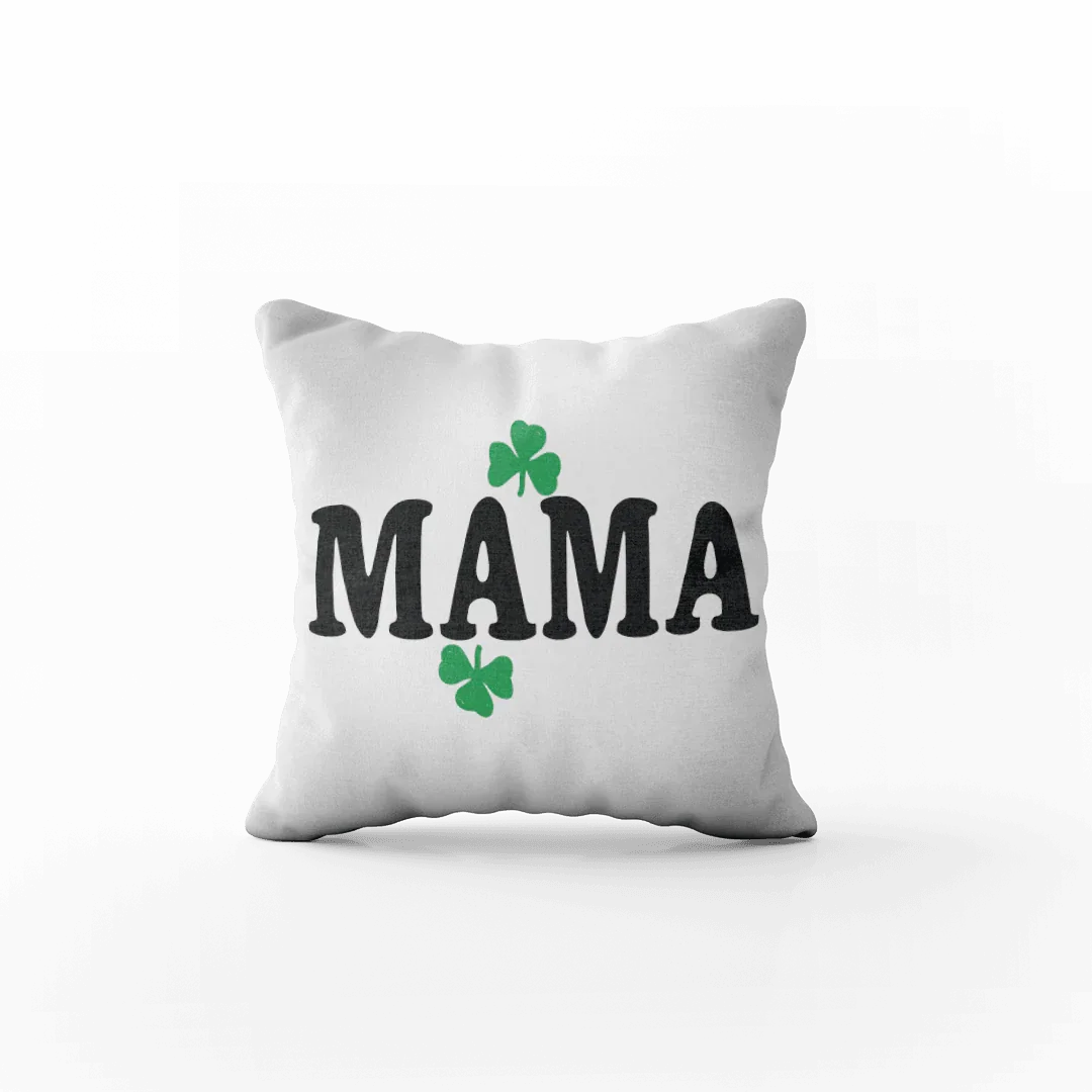 Biała poduszka z napisem MAMA i zielonymi koniczynami, idealny prezent dla mamy