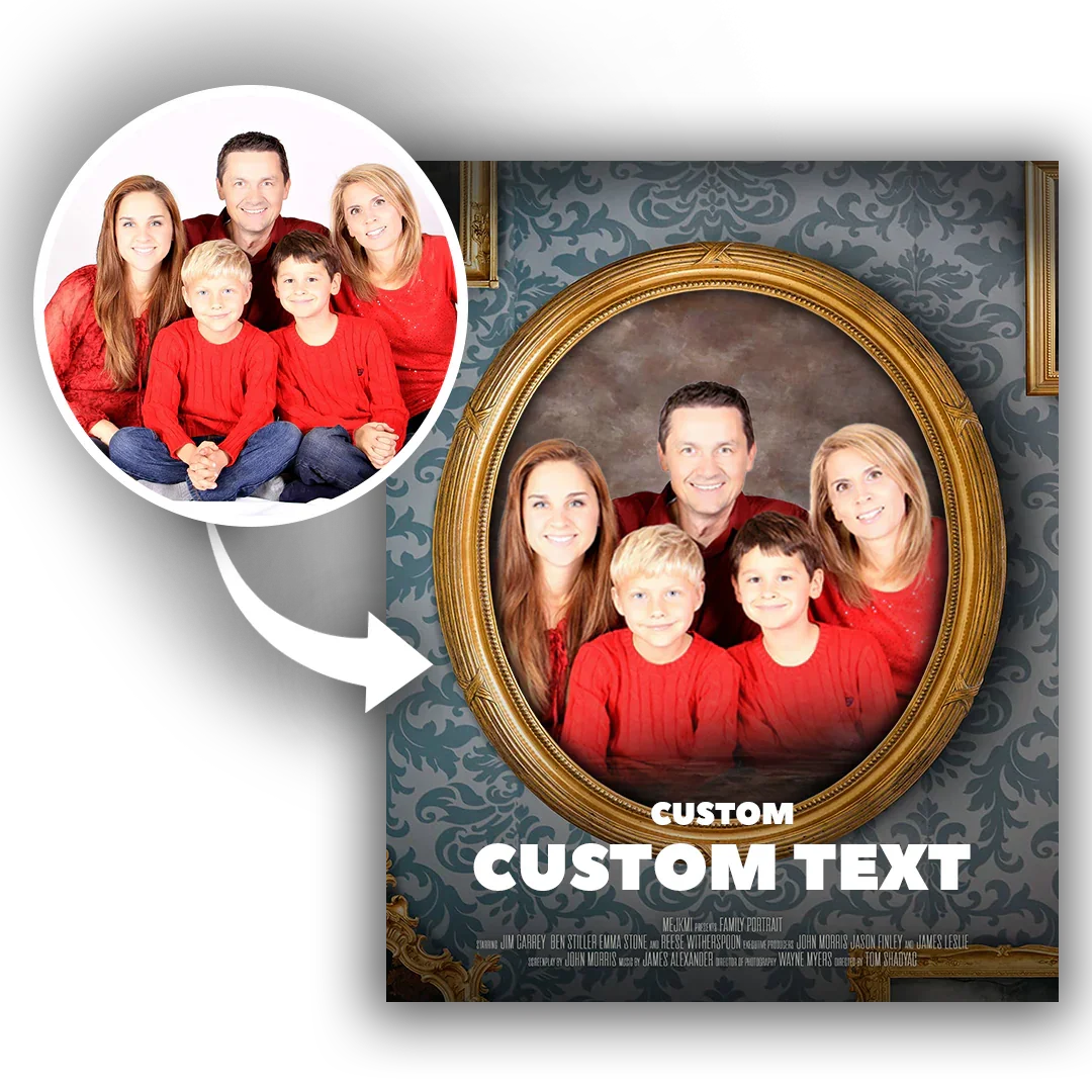 Personalizowany portret rodziny w złotej ramie – idealny prezent na każdą okazję