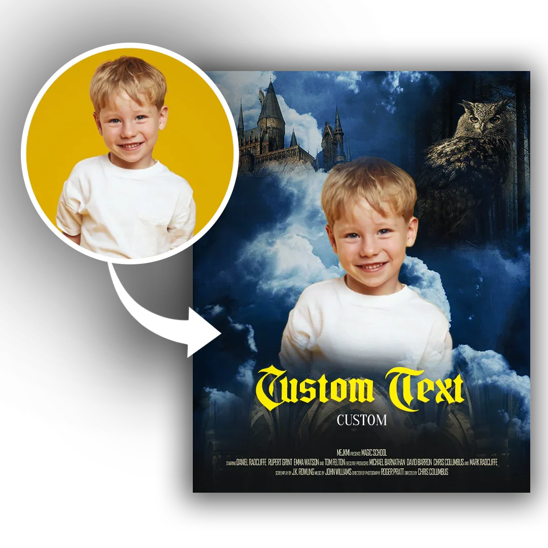 Personalizowany plakat z dzieckiem na tle Hogwartu, idealny prezent dla fanów magii
