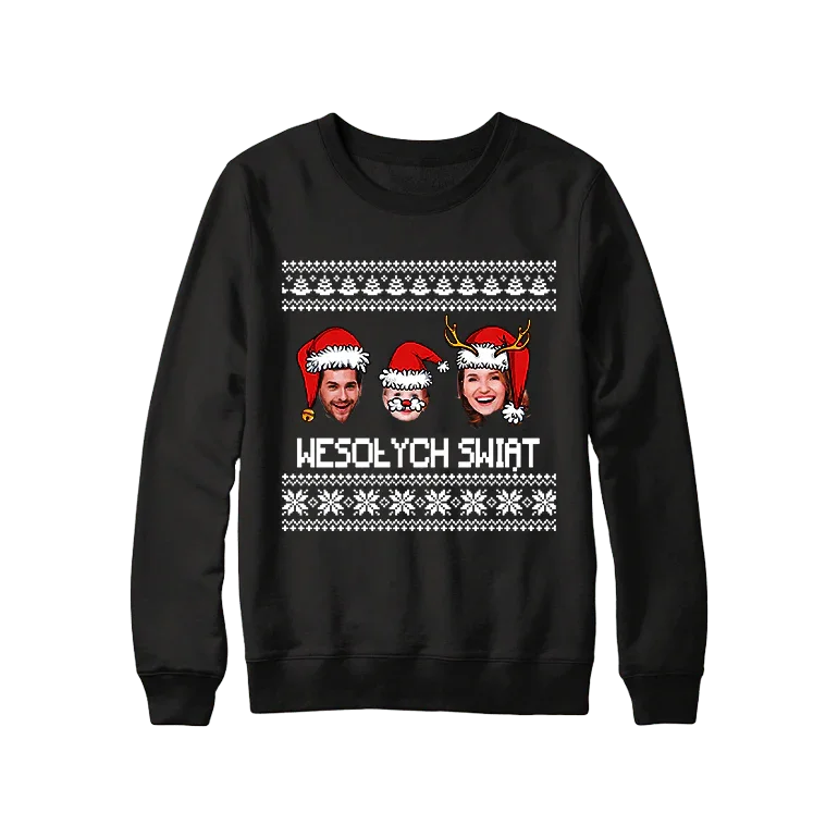 Personalizowany sweter świąteczny z twarzami i napisem 'Wesołych Świąt', idealny prezent na Boże Narodzenie