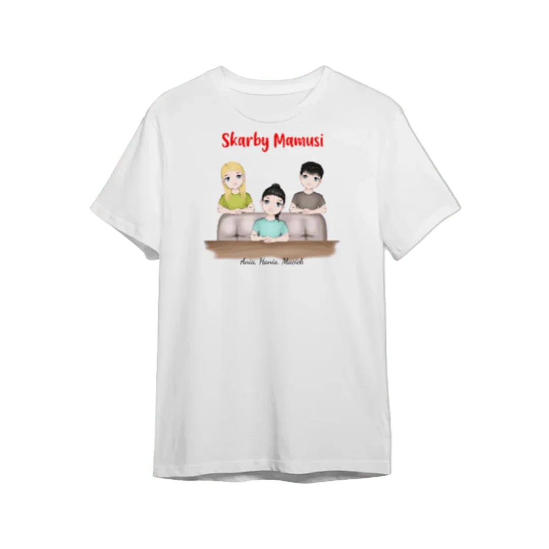 Personalizowany t-shirt z rodziną 'Skarby Mamusi' i imionami Ania, Hania, Maciek