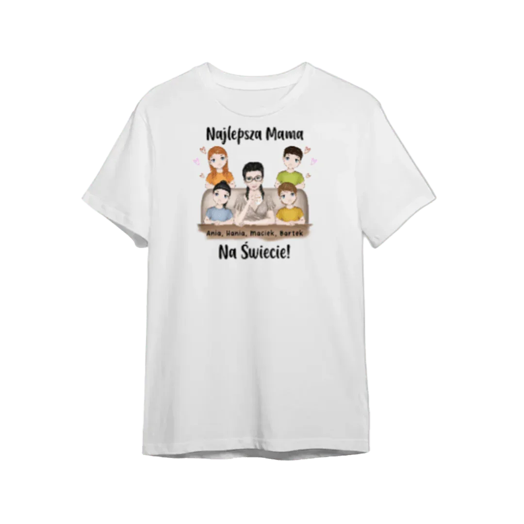 Personalizowany t-shirt z napisem 'Najlepsza Mama Na Świecie' i imionami dzieci, idealny prezent dla mamy