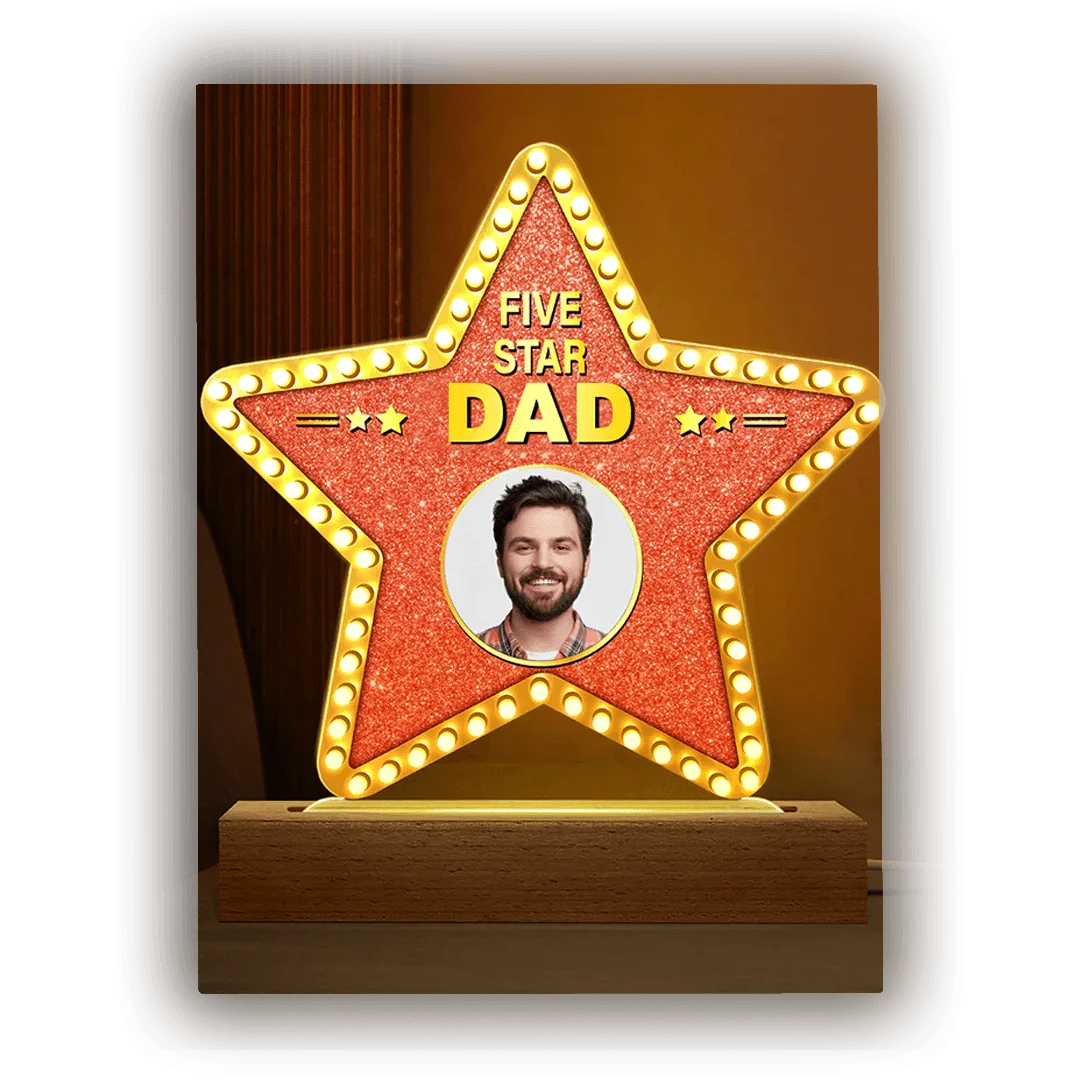 Personalizowany prezent dla taty – gwiazda z napisem Five Star Dad i zdjęciem, idealny na Dzień Ojca