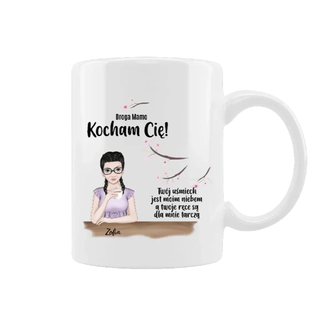 Personalizowana filiżanka dla mamy z napisem 'Kocham Cię!' i imieniem Zofia, idealny prezent na Dzień Matki