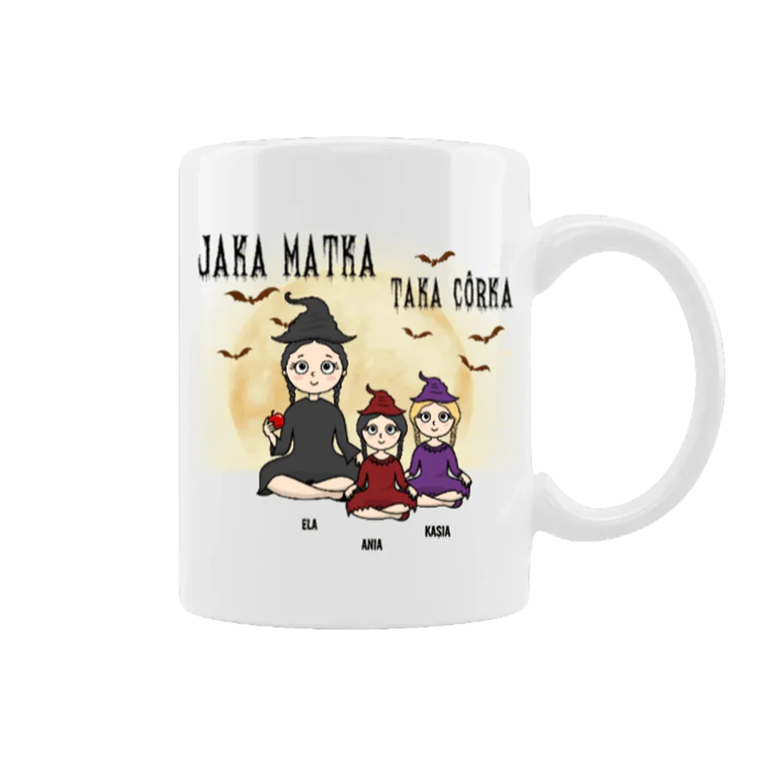 Personalizowana filiżanka z matką i córkami w czarowniczych kapeluszach, idealny prezent na Halloween