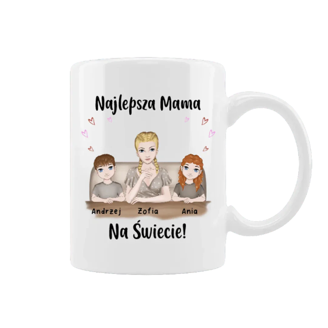 Personalizowana filiżanka z napisem 'Najlepsza Mama Na Świecie' i imionami dzieci – idealny prezent dla mamy