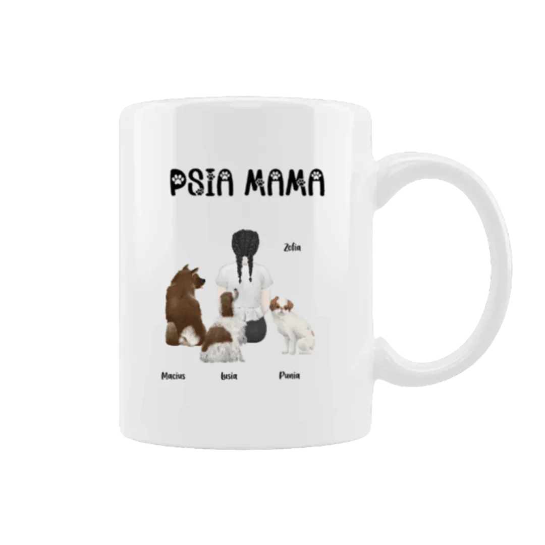 Personalizowana filiżanka 'Psia Mama' z imionami psów i właścicielki, idealny prezent dla miłośnika zwierząt
